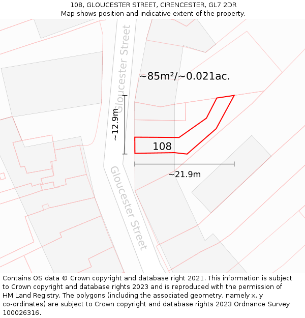 108, GLOUCESTER STREET, CIRENCESTER, GL7 2DR: Plot and title map