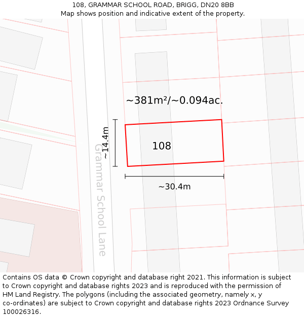 108, GRAMMAR SCHOOL ROAD, BRIGG, DN20 8BB: Plot and title map