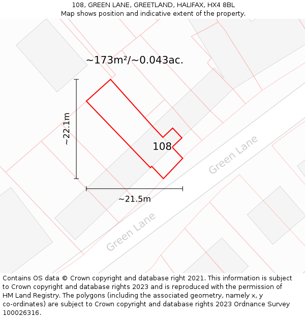 108, GREEN LANE, GREETLAND, HALIFAX, HX4 8BL: Plot and title map