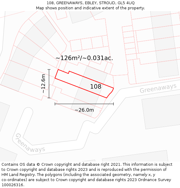 108, GREENAWAYS, EBLEY, STROUD, GL5 4UQ: Plot and title map
