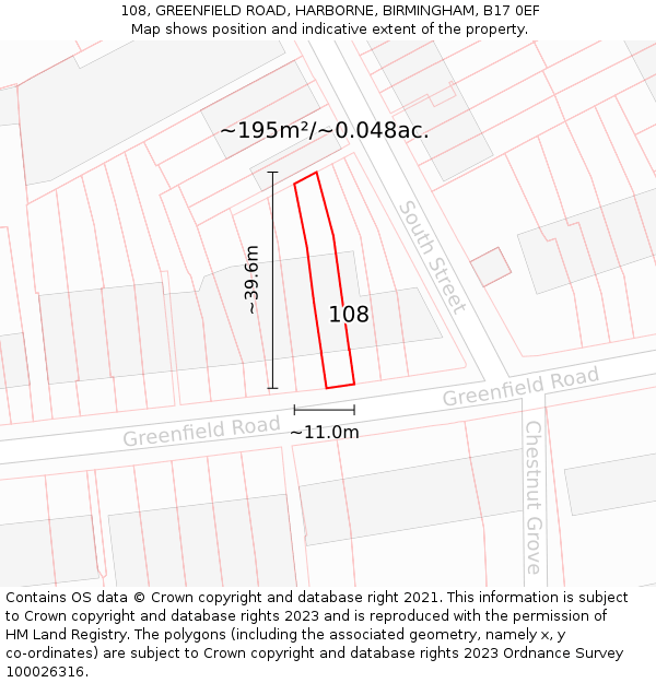 108, GREENFIELD ROAD, HARBORNE, BIRMINGHAM, B17 0EF: Plot and title map