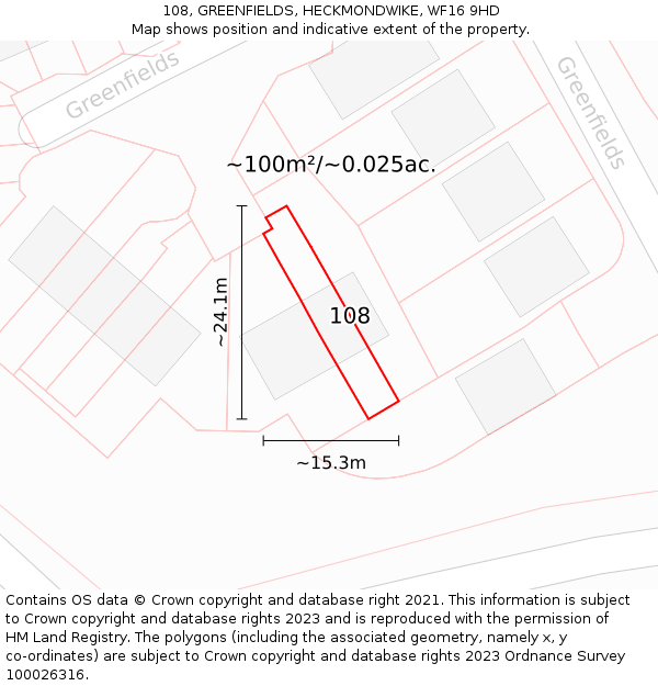 108, GREENFIELDS, HECKMONDWIKE, WF16 9HD: Plot and title map