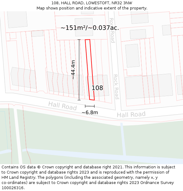 108, HALL ROAD, LOWESTOFT, NR32 3NW: Plot and title map