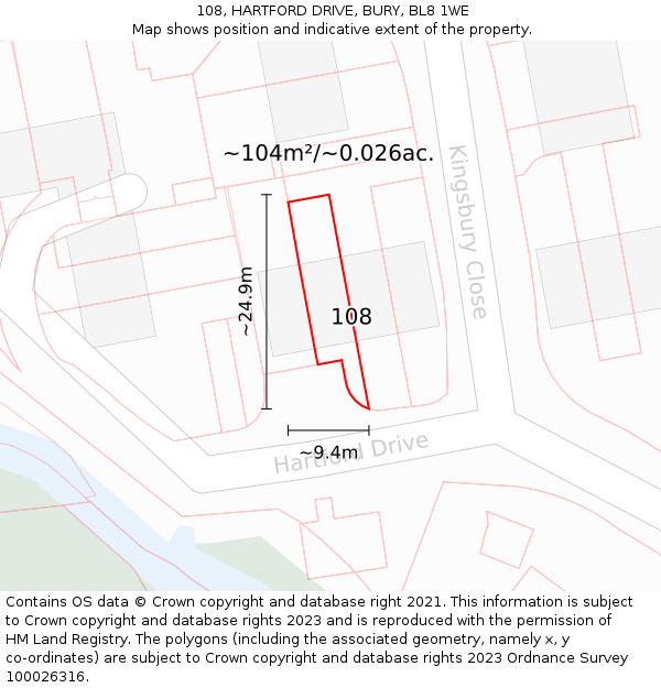 108, HARTFORD DRIVE, BURY, BL8 1WE: Plot and title map