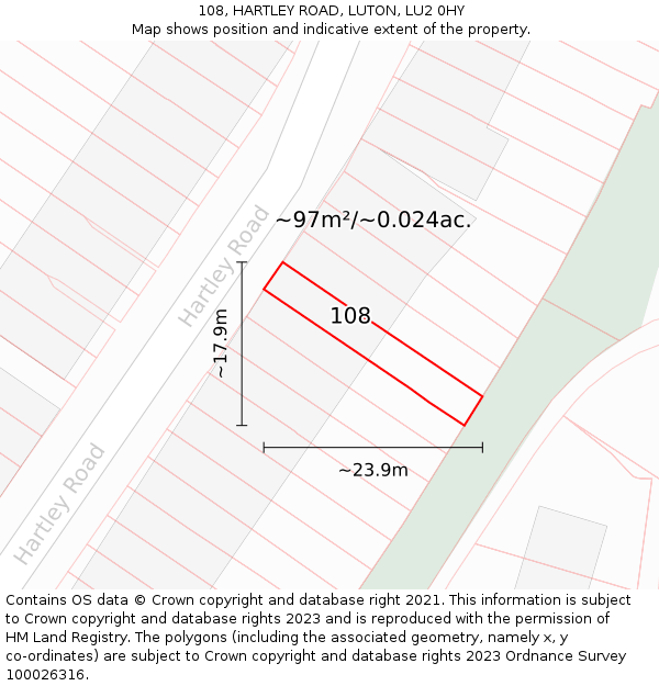 108, HARTLEY ROAD, LUTON, LU2 0HY: Plot and title map