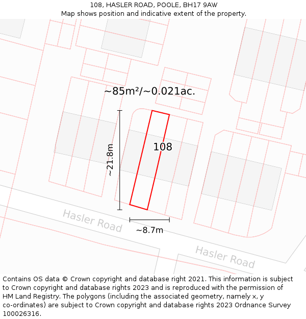 108, HASLER ROAD, POOLE, BH17 9AW: Plot and title map