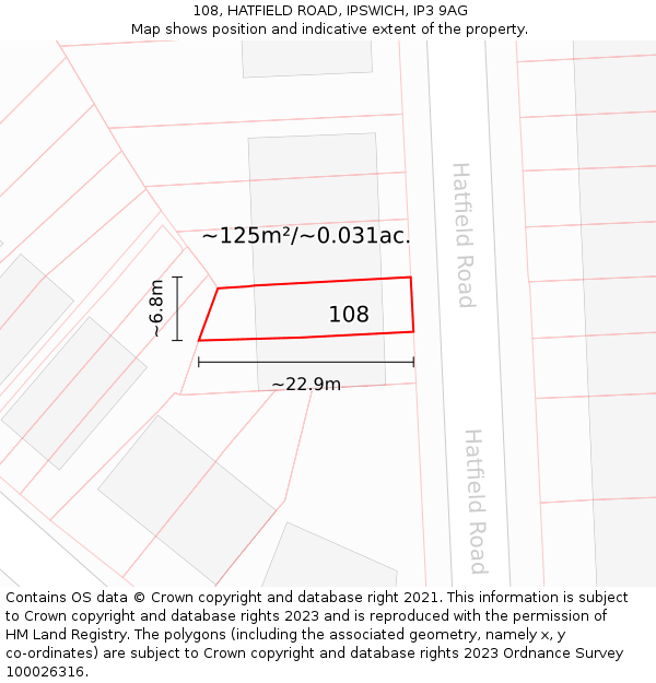 108, HATFIELD ROAD, IPSWICH, IP3 9AG: Plot and title map