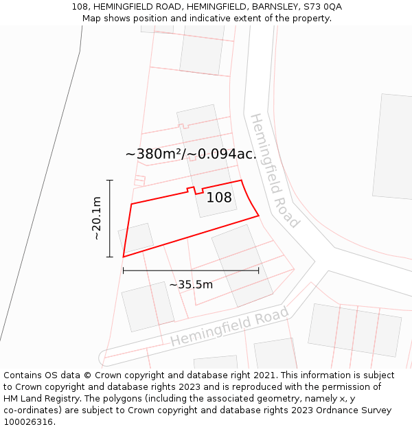 108, HEMINGFIELD ROAD, HEMINGFIELD, BARNSLEY, S73 0QA: Plot and title map