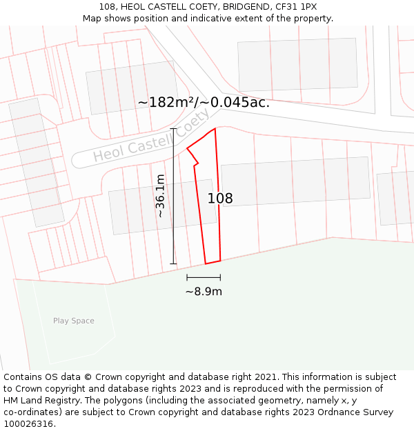 108, HEOL CASTELL COETY, BRIDGEND, CF31 1PX: Plot and title map