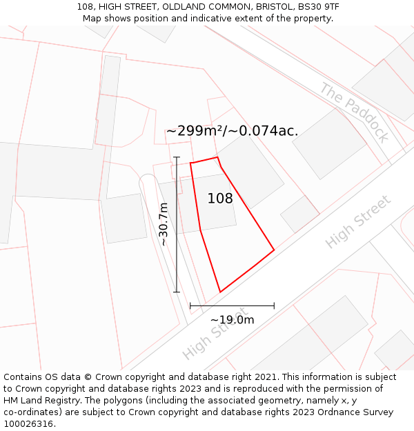 108, HIGH STREET, OLDLAND COMMON, BRISTOL, BS30 9TF: Plot and title map