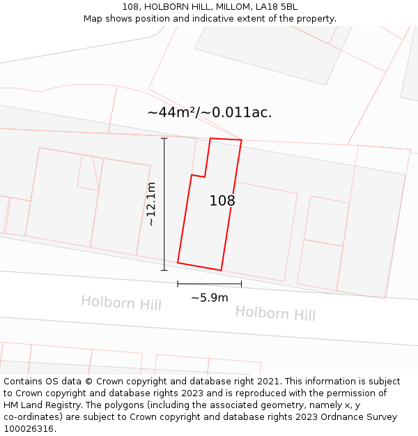 108, HOLBORN HILL, MILLOM, LA18 5BL: Plot and title map