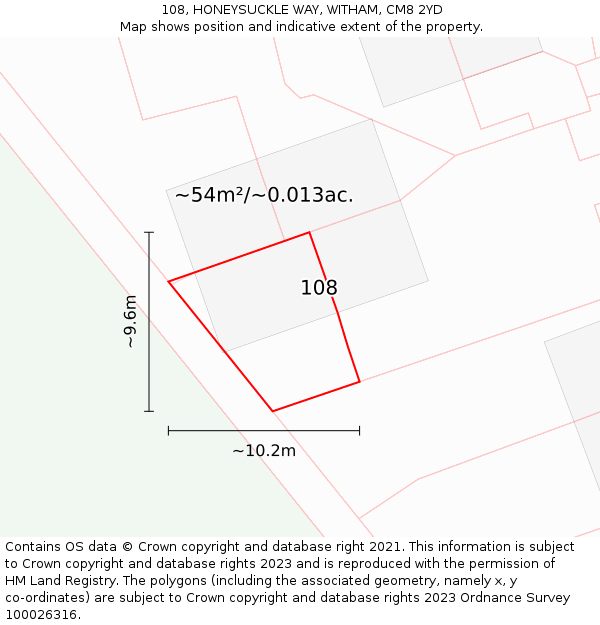 108, HONEYSUCKLE WAY, WITHAM, CM8 2YD: Plot and title map