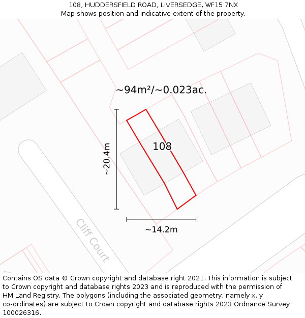 108, HUDDERSFIELD ROAD, LIVERSEDGE, WF15 7NX: Plot and title map