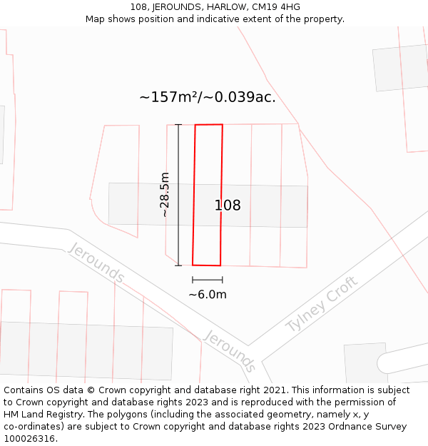 108, JEROUNDS, HARLOW, CM19 4HG: Plot and title map