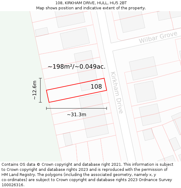 108, KIRKHAM DRIVE, HULL, HU5 2BT: Plot and title map