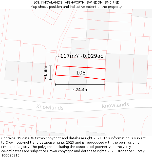 108, KNOWLANDS, HIGHWORTH, SWINDON, SN6 7ND: Plot and title map