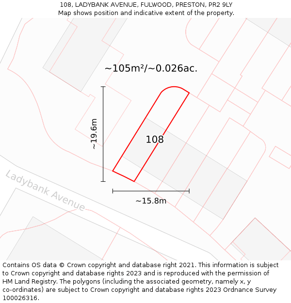 108, LADYBANK AVENUE, FULWOOD, PRESTON, PR2 9LY: Plot and title map