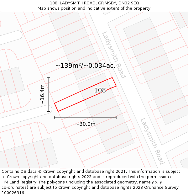 108, LADYSMITH ROAD, GRIMSBY, DN32 9EQ: Plot and title map