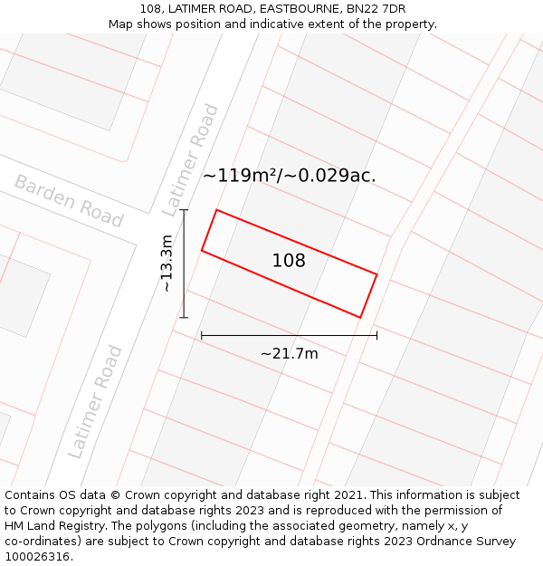 108, LATIMER ROAD, EASTBOURNE, BN22 7DR: Plot and title map