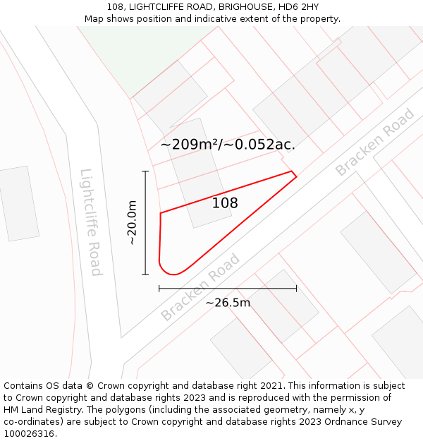 108, LIGHTCLIFFE ROAD, BRIGHOUSE, HD6 2HY: Plot and title map