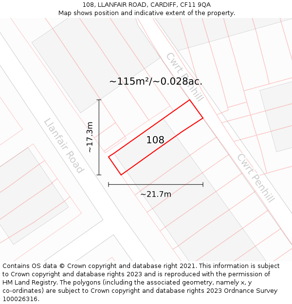 108, LLANFAIR ROAD, CARDIFF, CF11 9QA: Plot and title map
