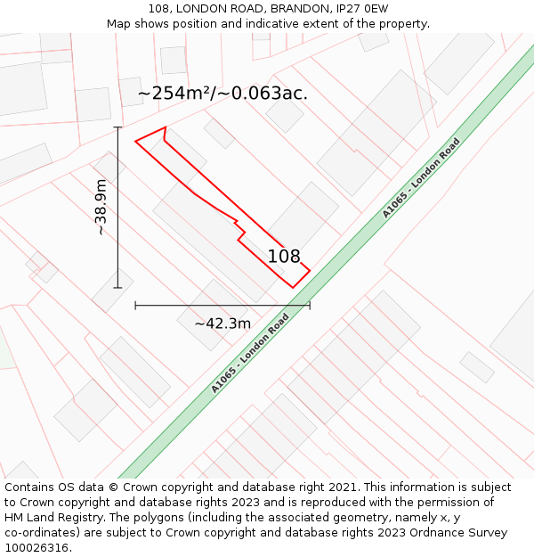 108, LONDON ROAD, BRANDON, IP27 0EW: Plot and title map