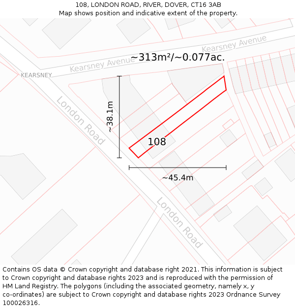 108, LONDON ROAD, RIVER, DOVER, CT16 3AB: Plot and title map