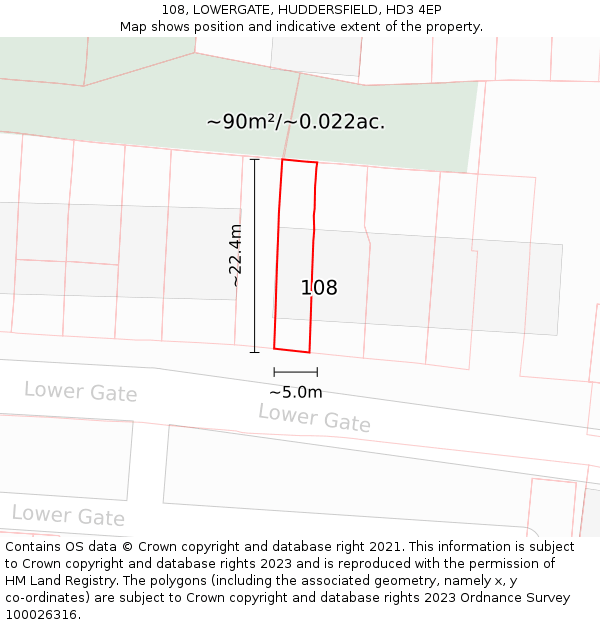 108, LOWERGATE, HUDDERSFIELD, HD3 4EP: Plot and title map