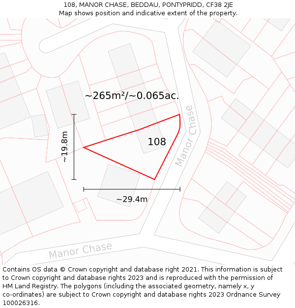 108, MANOR CHASE, BEDDAU, PONTYPRIDD, CF38 2JE: Plot and title map