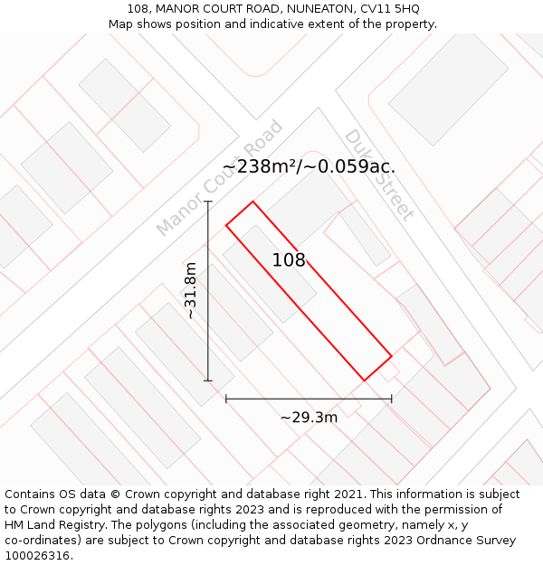 108, MANOR COURT ROAD, NUNEATON, CV11 5HQ: Plot and title map