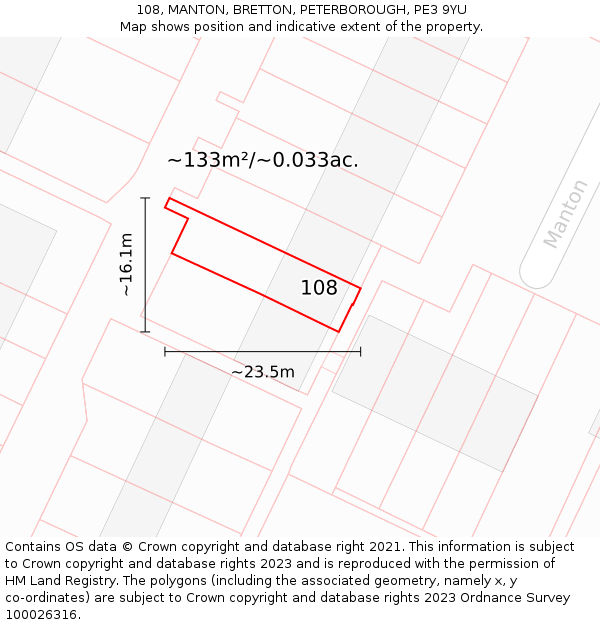 108, MANTON, BRETTON, PETERBOROUGH, PE3 9YU: Plot and title map