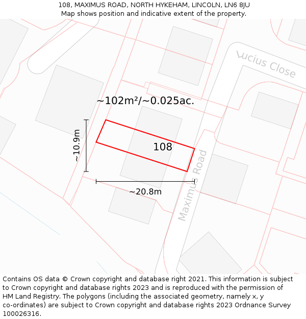 108, MAXIMUS ROAD, NORTH HYKEHAM, LINCOLN, LN6 8JU: Plot and title map