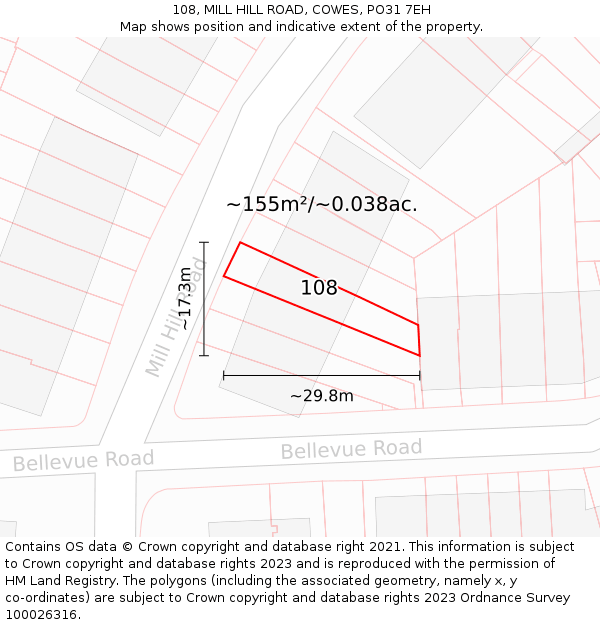 108, MILL HILL ROAD, COWES, PO31 7EH: Plot and title map