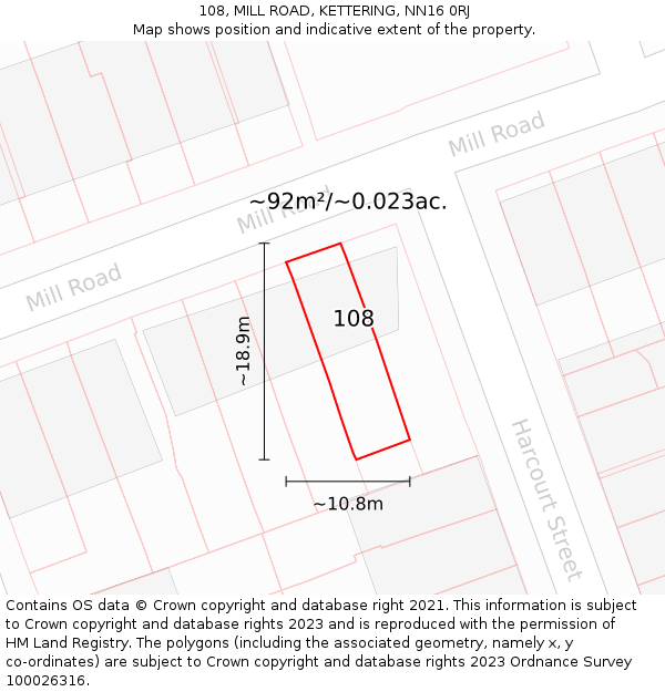 108, MILL ROAD, KETTERING, NN16 0RJ: Plot and title map
