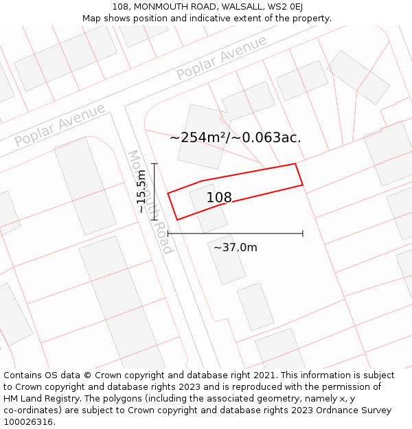 108, MONMOUTH ROAD, WALSALL, WS2 0EJ: Plot and title map