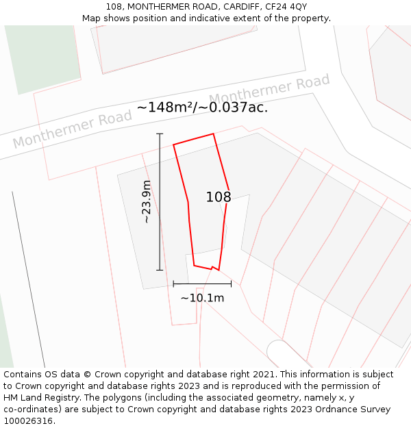 108, MONTHERMER ROAD, CARDIFF, CF24 4QY: Plot and title map