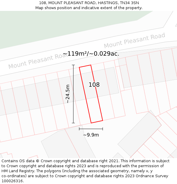 108, MOUNT PLEASANT ROAD, HASTINGS, TN34 3SN: Plot and title map