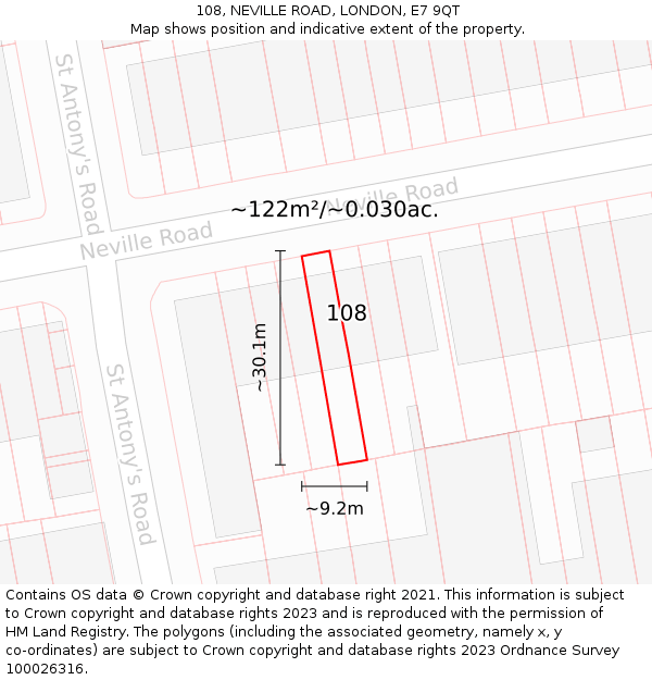 108, NEVILLE ROAD, LONDON, E7 9QT: Plot and title map