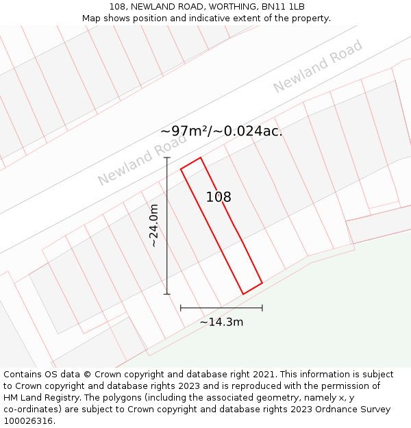 108, NEWLAND ROAD, WORTHING, BN11 1LB: Plot and title map