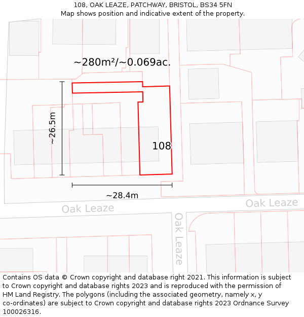 108, OAK LEAZE, PATCHWAY, BRISTOL, BS34 5FN: Plot and title map