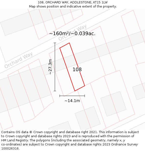 108, ORCHARD WAY, ADDLESTONE, KT15 1LW: Plot and title map