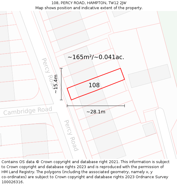 108, PERCY ROAD, HAMPTON, TW12 2JW: Plot and title map