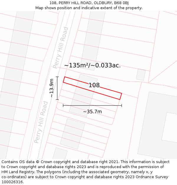 108, PERRY HILL ROAD, OLDBURY, B68 0BJ: Plot and title map
