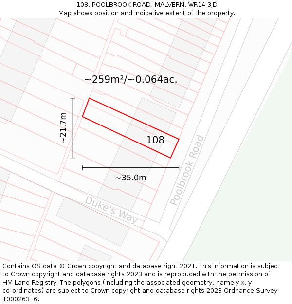 108, POOLBROOK ROAD, MALVERN, WR14 3JD: Plot and title map