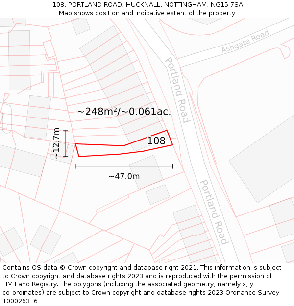 108, PORTLAND ROAD, HUCKNALL, NOTTINGHAM, NG15 7SA: Plot and title map