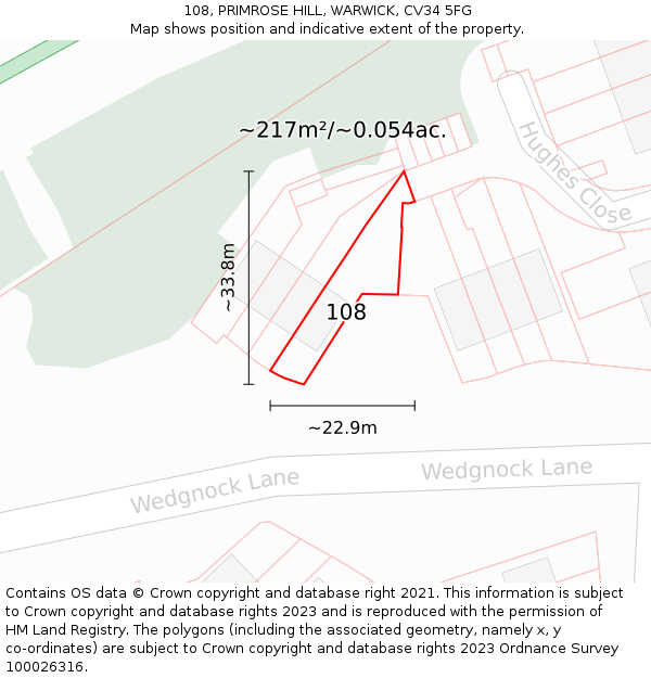 108, PRIMROSE HILL, WARWICK, CV34 5FG: Plot and title map
