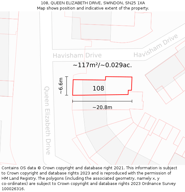 108, QUEEN ELIZABETH DRIVE, SWINDON, SN25 1XA: Plot and title map