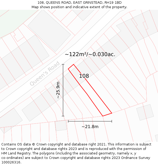 108, QUEENS ROAD, EAST GRINSTEAD, RH19 1BD: Plot and title map