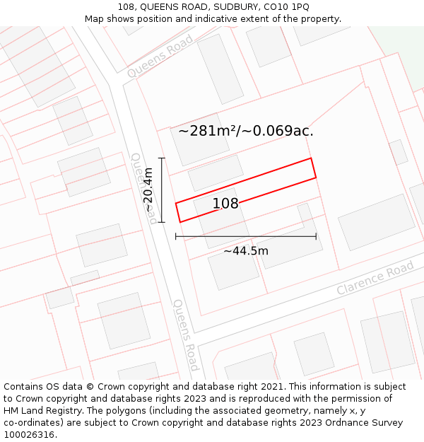 108, QUEENS ROAD, SUDBURY, CO10 1PQ: Plot and title map