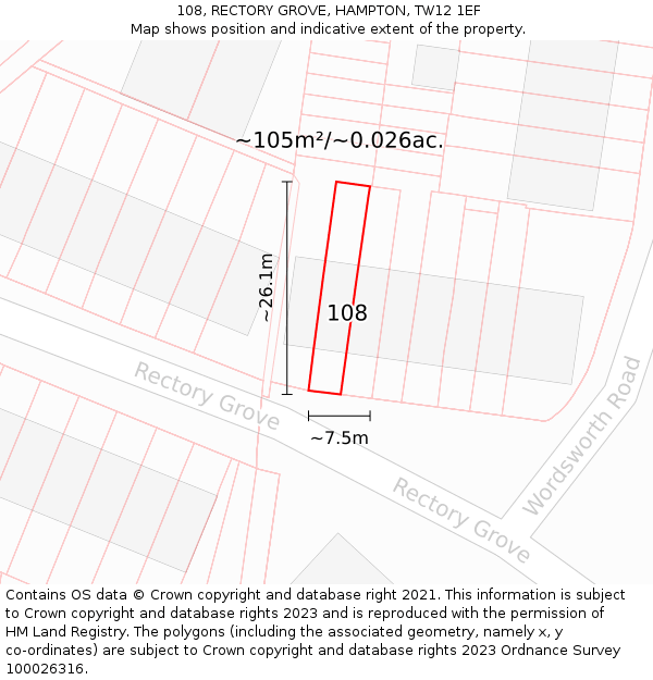 108, RECTORY GROVE, HAMPTON, TW12 1EF: Plot and title map